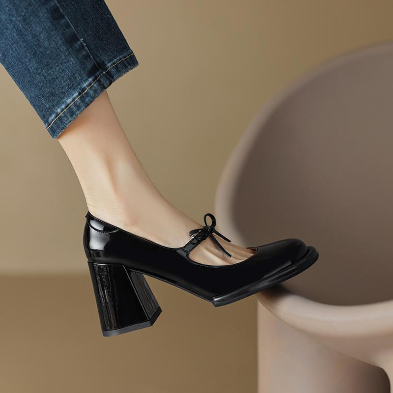 Vintage Patent Leather Mary Jane Shoes Women's Pump 2026 Spring Woman Bowcknot New Coarse Heel Club High Heels Shoes