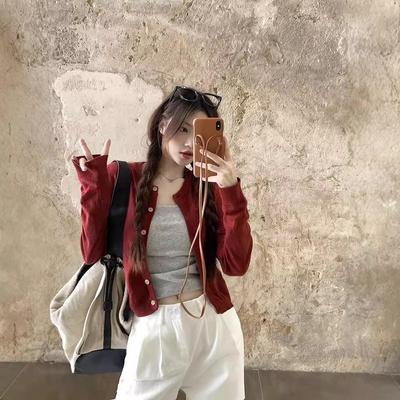 Schlanke rote Langarm-Strickjacke im koreanischen Stil für Damen