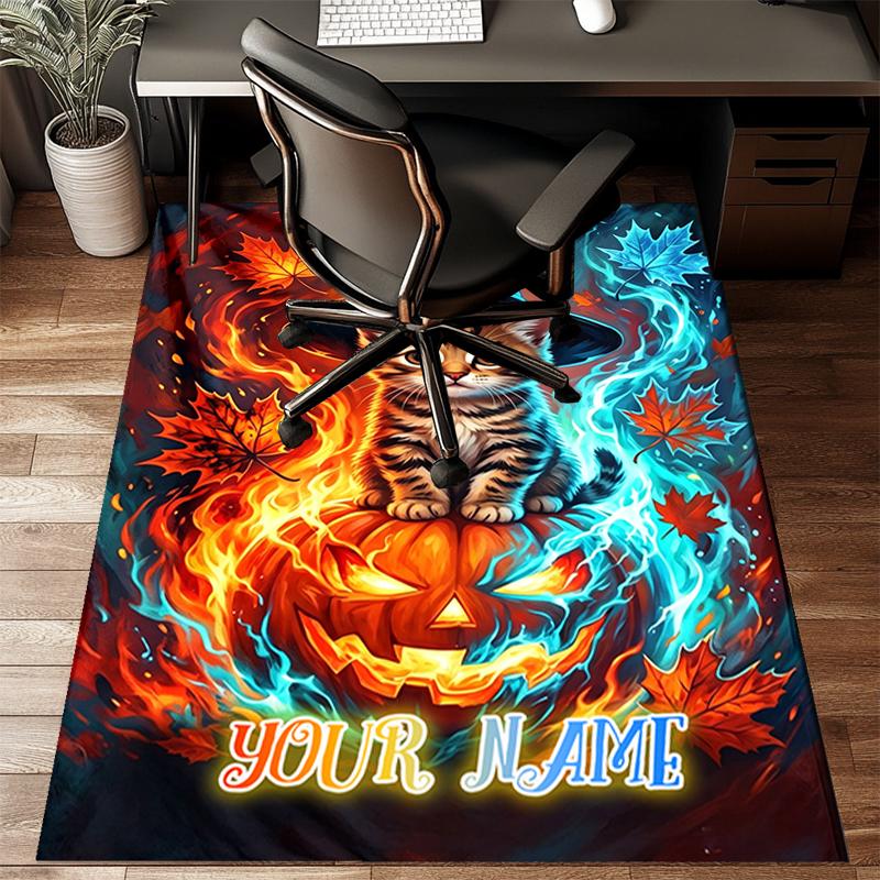 1PC Custom Name "Autumnal Pumpkin Cat Firework" Theme Floor Mat Ideal for Living Room, Game Rooms, Office, Bedroom, Office Floor Mat , Floor Mats for
