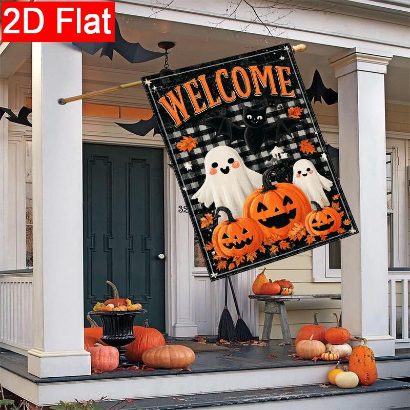 2D Flat, 2D Flat - 2D Flat Autumn Halloween Maple Leaf Grid Smile Pumpkin Garden Flag_1-28X40 Inches Outdoor Garden Flag Double-Sided Home Decoration