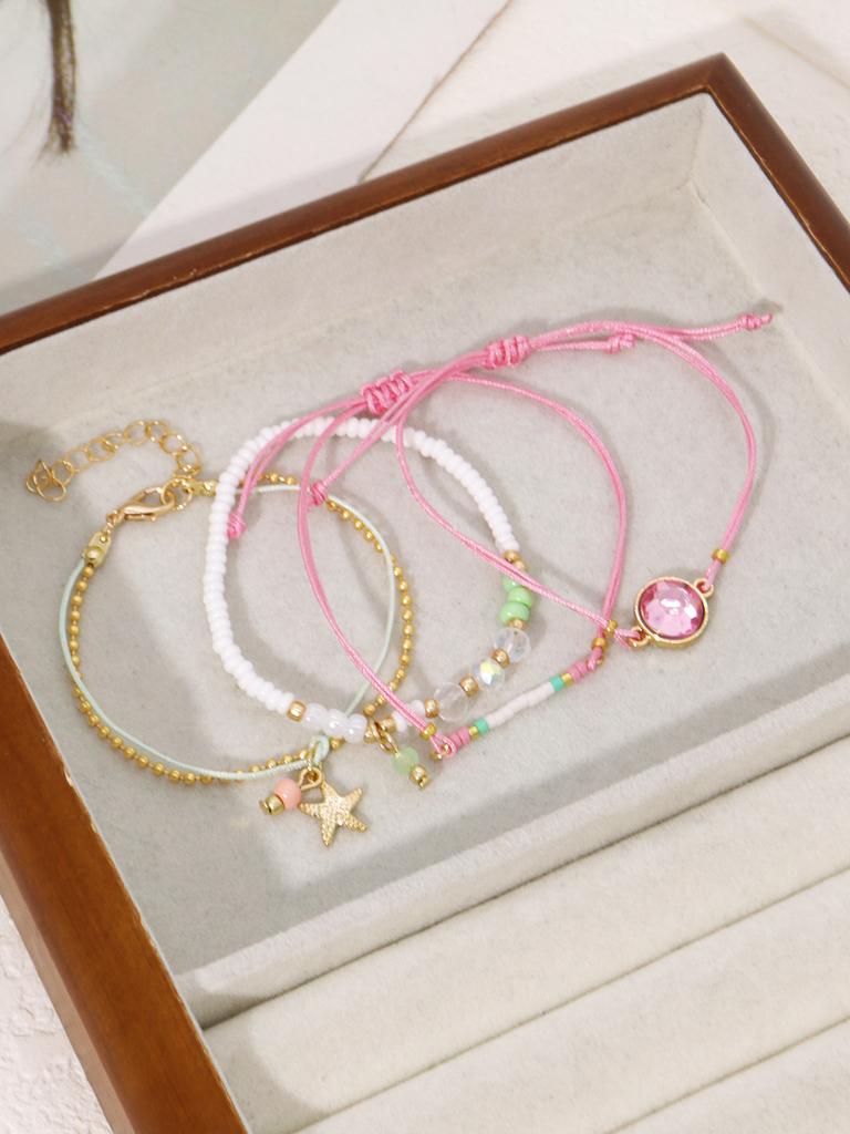4pcs Fashionable Women's Bracelet Set Exquisite Colorful Bead Faux Handmade Rope Pendant Stackable Gift for Best Friend Holiday