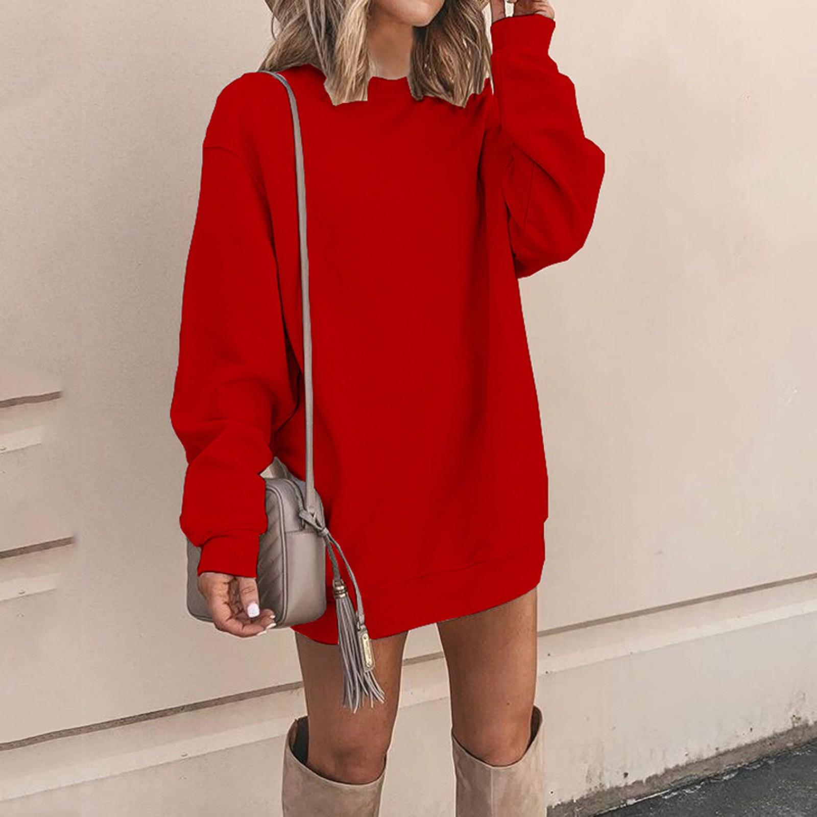 

Women s Solid Thickened Oversize Loose Long Sweatershirt Sweater Dress Disappearing Lower Body S красный