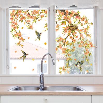 Da13508 Ramuri de plante Floare Păsări Autocolant static pentru geam Dormitor Living Acasă Fundal Autocolant decorativ de perete