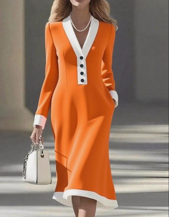 

2025 European & American Elegant Color Block V-Neck Mid-Length Dress for Spring & Autumn Small помаранчевий