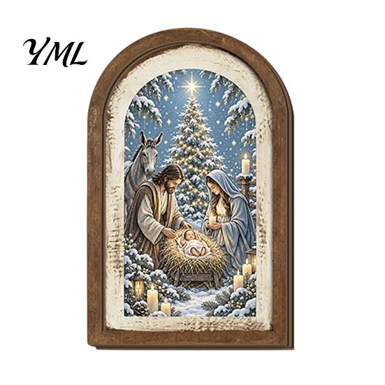 Arte Decorativa da Parete Cornice Portafoto in Legno Arcuata Vintage con Illustrazione Natalizia, Invecchiata Retrò per Decorazione Desktop e Camino,