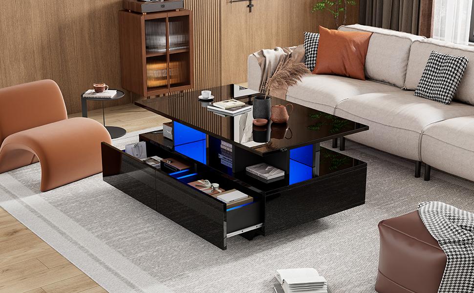 Moderner Hochglanz-Couchtisch mit LED-Beleuchtung und 2 Schubladen – Stilvoller 90x55x41 cm Beistelltisch mit Stauraum, Belastbarkeit bis 30 kg