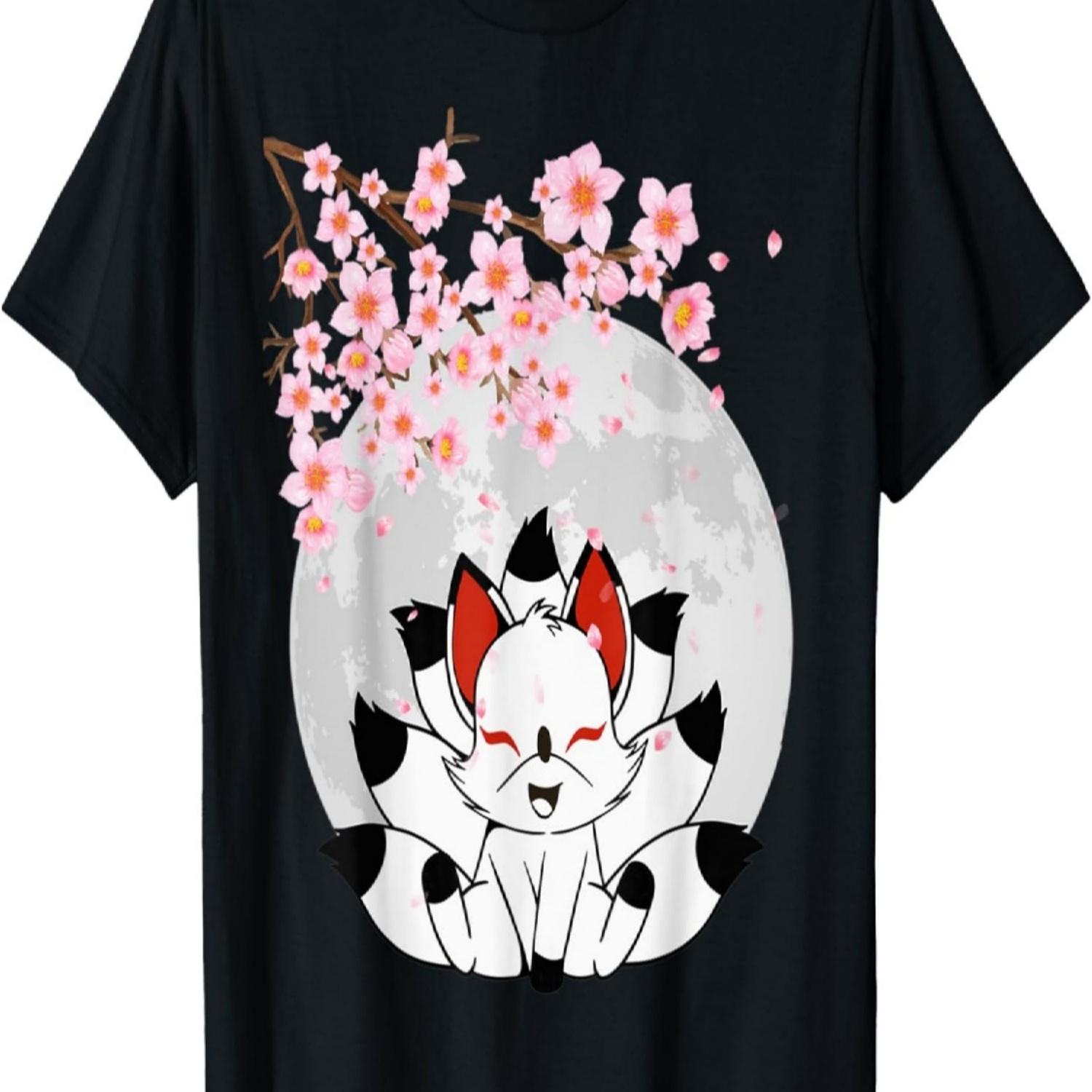 Kawaii Kitsune Fox  Anime Sakura Cherry Blossoms T-Shirt S чёрный
