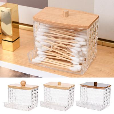 Storage Box with Bamboo Lid Dustproof Moisture Resistant Clear Acrylic Container Cotton Swabs Dental Floss Jewelry Organizer