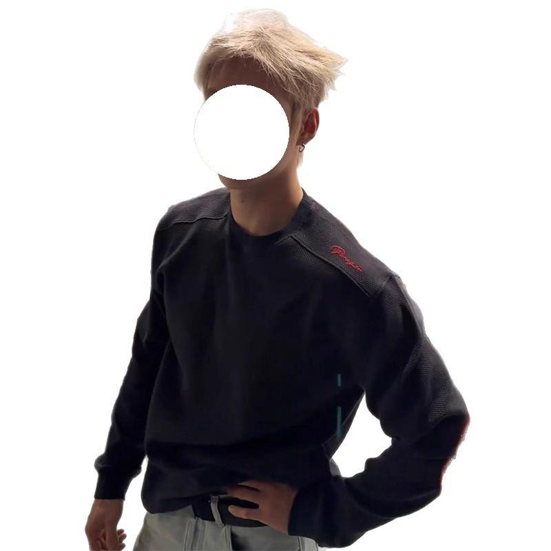 Mens Light Gray Waffle Knit Sweatshirt Embroidered Red Label Heavyweight Crewneck Long Sleeve Top Fall Winter