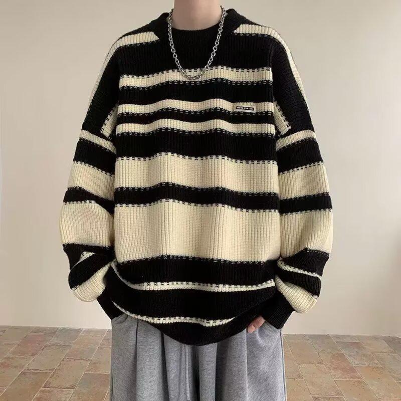 Men's Retro Rainbow Stripe Knit Sweater - Winter 2025 Casual Round Neck Style