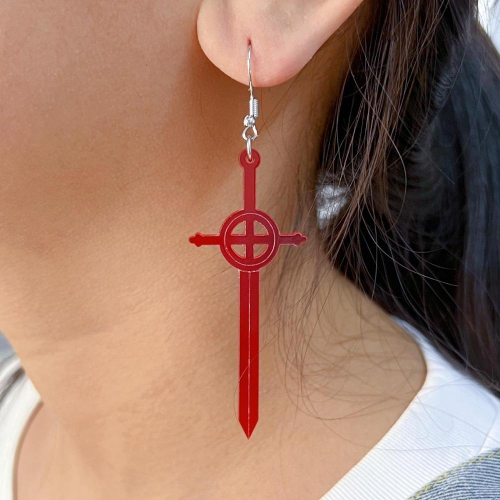 Gothic Simple Red Acrylic Sword Cross Pendant Dangle Earrings for Women Men Halloween Party Personality Jewelry Accessories Gift