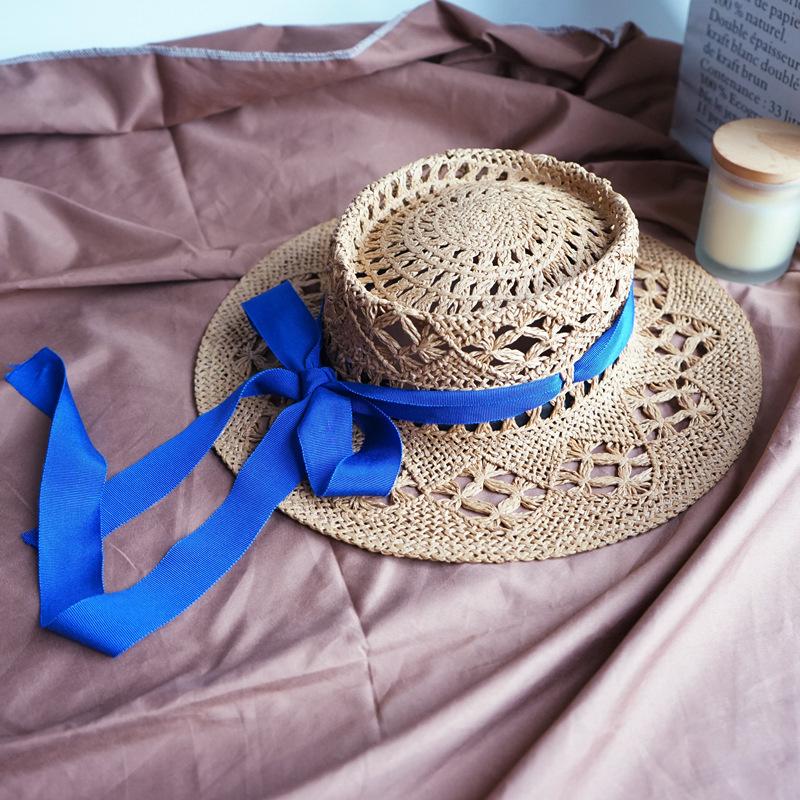 Japan Japanese French Retro Hollow Flower White Flat Top Top Hat Women'S Summer Sunshade Vacation Beach Straw Hat Outing