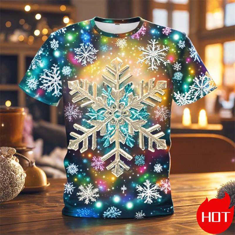 Funny 3D Snowflake Print Men's T Shirt Christmas Casual Loose Short Sleeve Tops Fashion New Year Gift