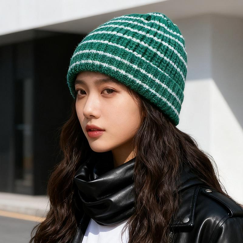 Japanese Striped Color blocked Woolen Hat for Women Fashionable and Simple Ear Protection Knitted Hat  Versatile Couple  Baotou Cold Hat Men's Trendy