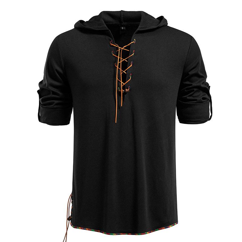 Men's Lace-Up Hooded T-Shirt Casual Retro Top for Men Spring Autumn Fashion Adjustable Sleeve Multi-Color Male Blouse