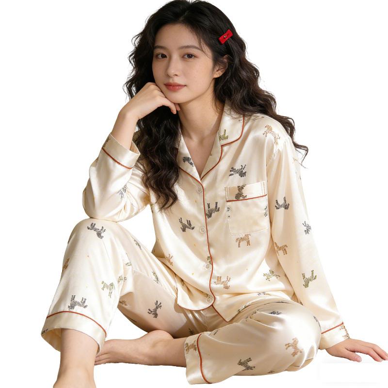 Ice Silk Pajamas Women'S Spring And Summer Thin Long-Sleeved Trousers Lapel Lazy Style Loungewear