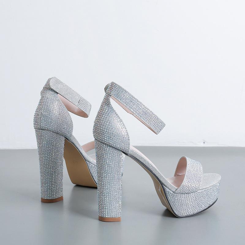 Fashion Sexy High Heels Platform Sandals For Women Silver Fashion Open Toe Crystal Buckle Thick Heel Wedding Party Female Designer Shoes