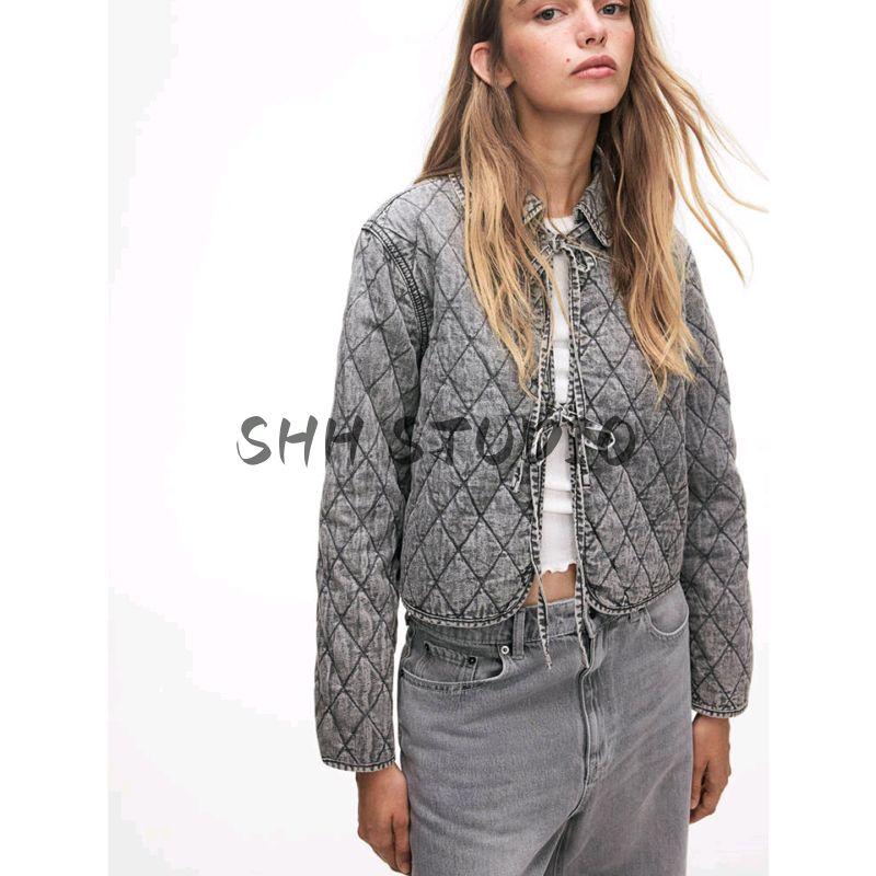 Summer New Arrival Women's Cotton Slim Fit Short Frill Collar Long Sleeves Quilted Denim Outwear 1264176