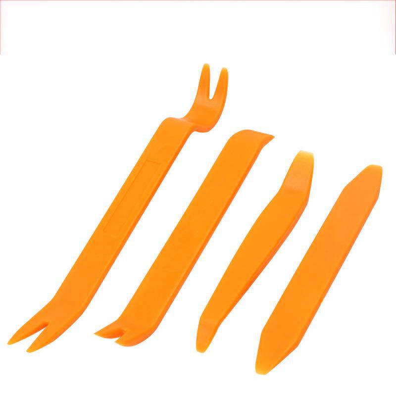 

Набор инструментов для разборки автомагнитол из 4 предметов: пластиковый монтировочный стержень для дверных панелей, навигационных систем, внутренних порогов.