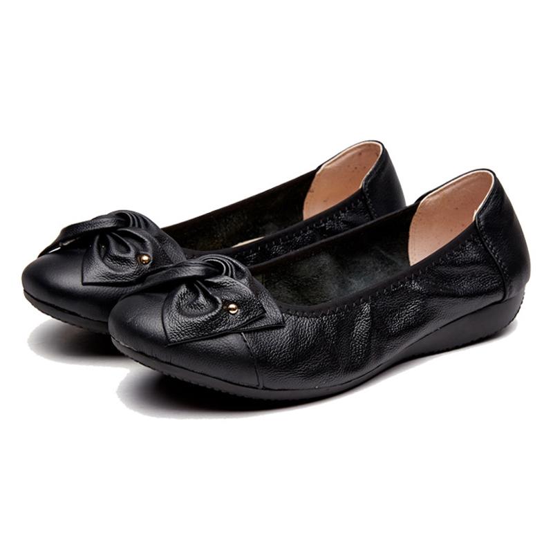 Spring Shoes Woman Flats Genuine Leather Slip On Ballet Flats Bowknot Casual Women Shoes Moccasins Loafers Plus Size 43 WSH3376