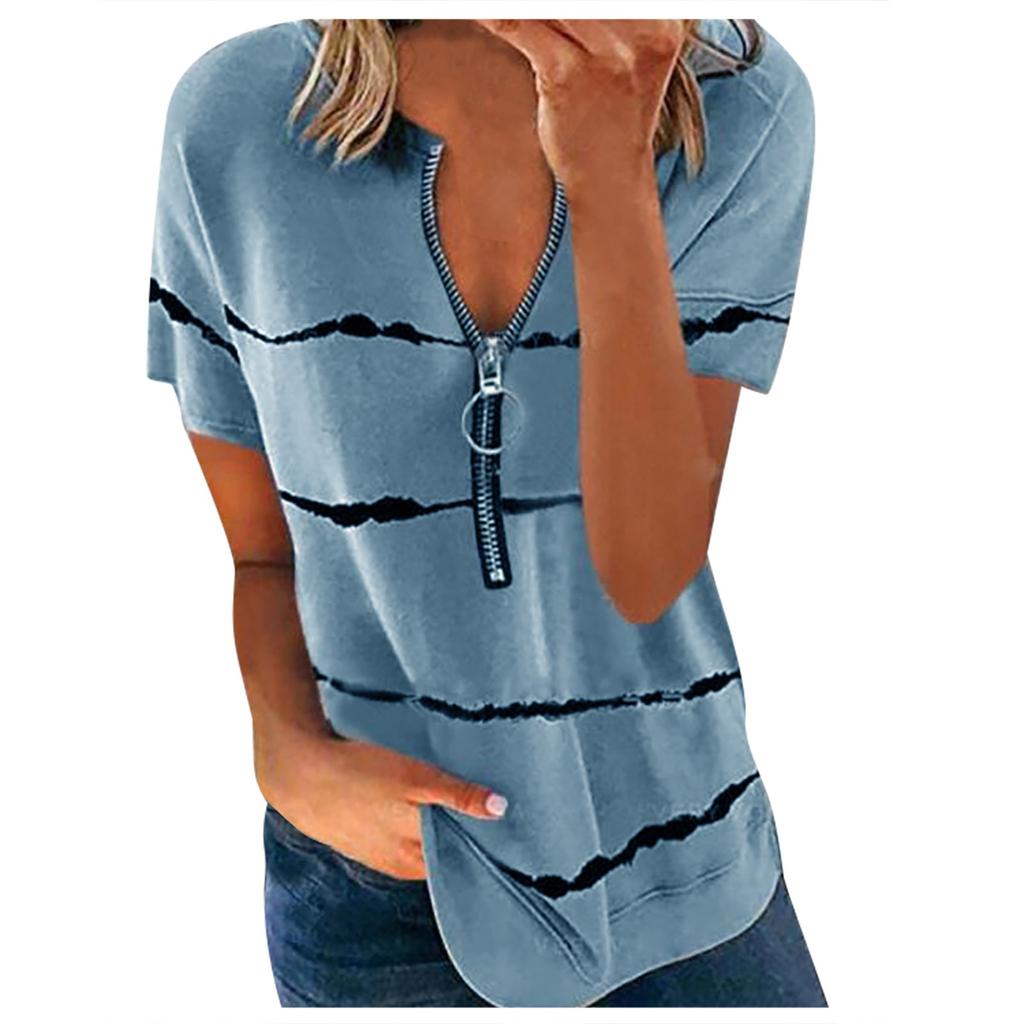Women's Fashion Casual Striped Zipper Round Neck Loose Short-Sleeved Tops