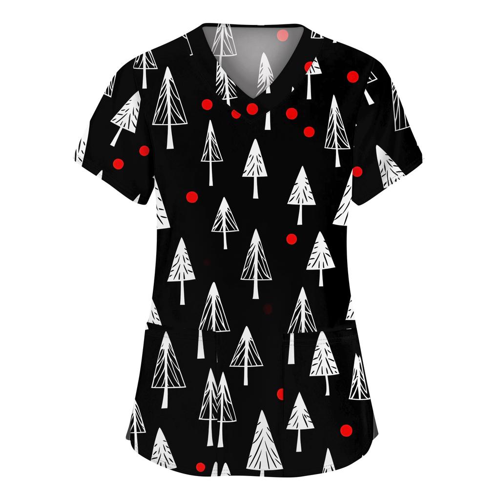 Women's Fashion V-neck Short Sleeve Workwear With Pockets Christmas Printed Tops