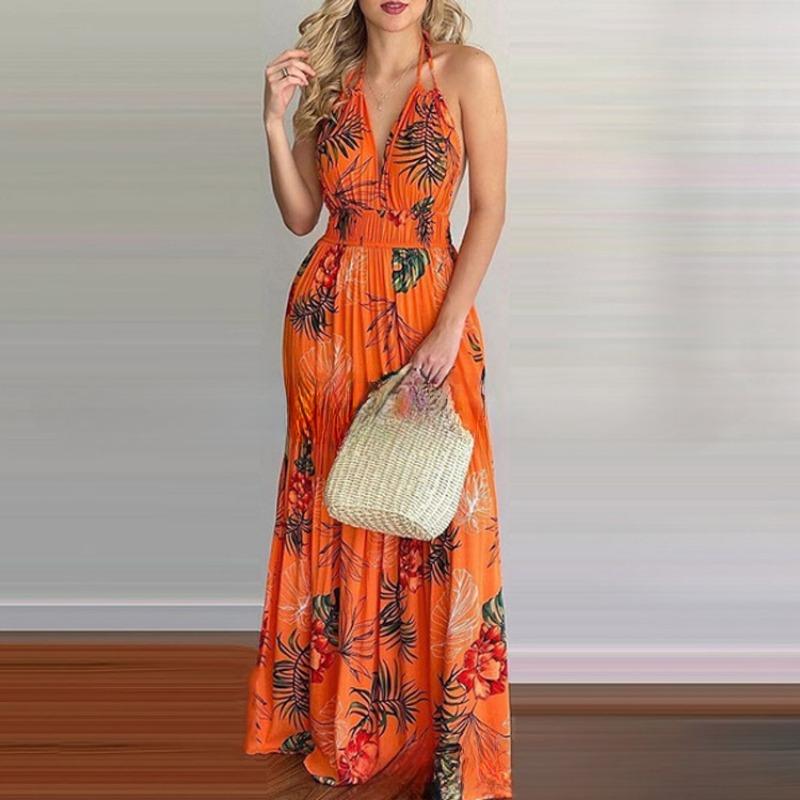 Summer New Printed Backless Sexy Dress Women Fashion Halter High Waist Beach Casual Dress for Women Elegant Floral Holiday Long Dresses 24569