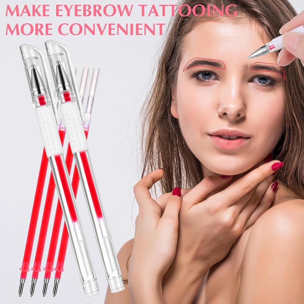 2 Pcs Eyebrow Mapping Pen, Microblading Brow Mapping Pen with 4 Replacement Refills and 1 Pink Ruler, Red Eyebrow Pencil for Women, Makeup Skin