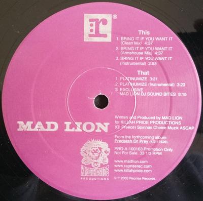 Disc de 12 inch MAD LION - Bring It If You Want It / Platinumi PROA100163 Reprise Records 2000 SUA Rap & Hip-Hop/R&B Folosit