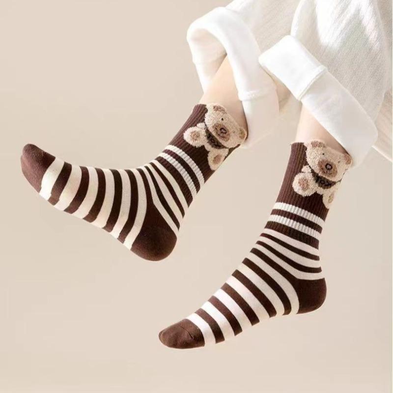 1/5 Paires Chaussettes Mi-Mollet Femme Automne Hiver Article Tendance Célèbre sur Internet Instagram Tendance Nouveau Petit Ours Mignon Tridimensionnel