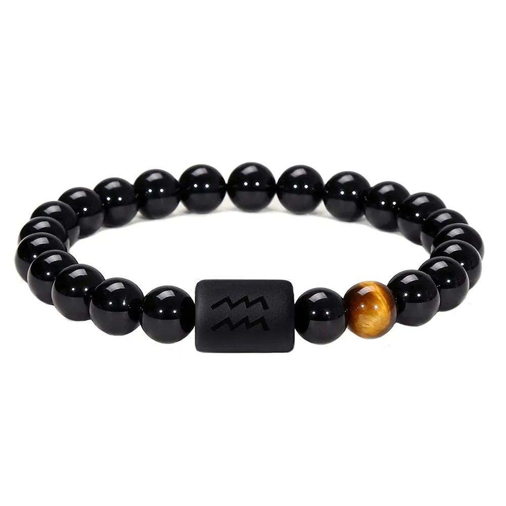 Sternzeichen Armband für Männer 8mm Naturstein Schwarzer Onyx Tigerauge Stein Sternzeichen Konstellation Freundschaft Gebet Segnung Armband Geschenke