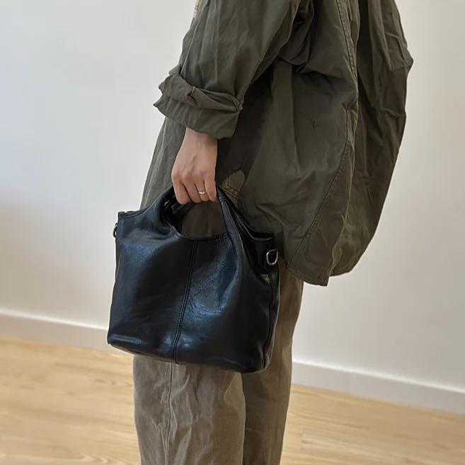 Johnature Geantă de damă din piele naturală, geantă de mână retro, piele de vacă moale, simplă, versatilă, capacitate mare, geantă de umăr