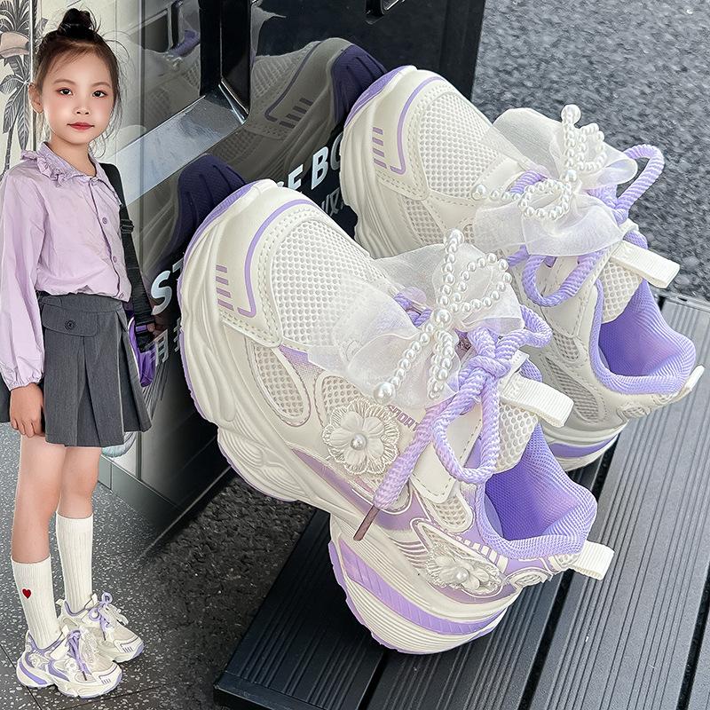 Girls pearl sneakers breathable bow dad shoes 2025 spring and autumn new girls running princess white shoes