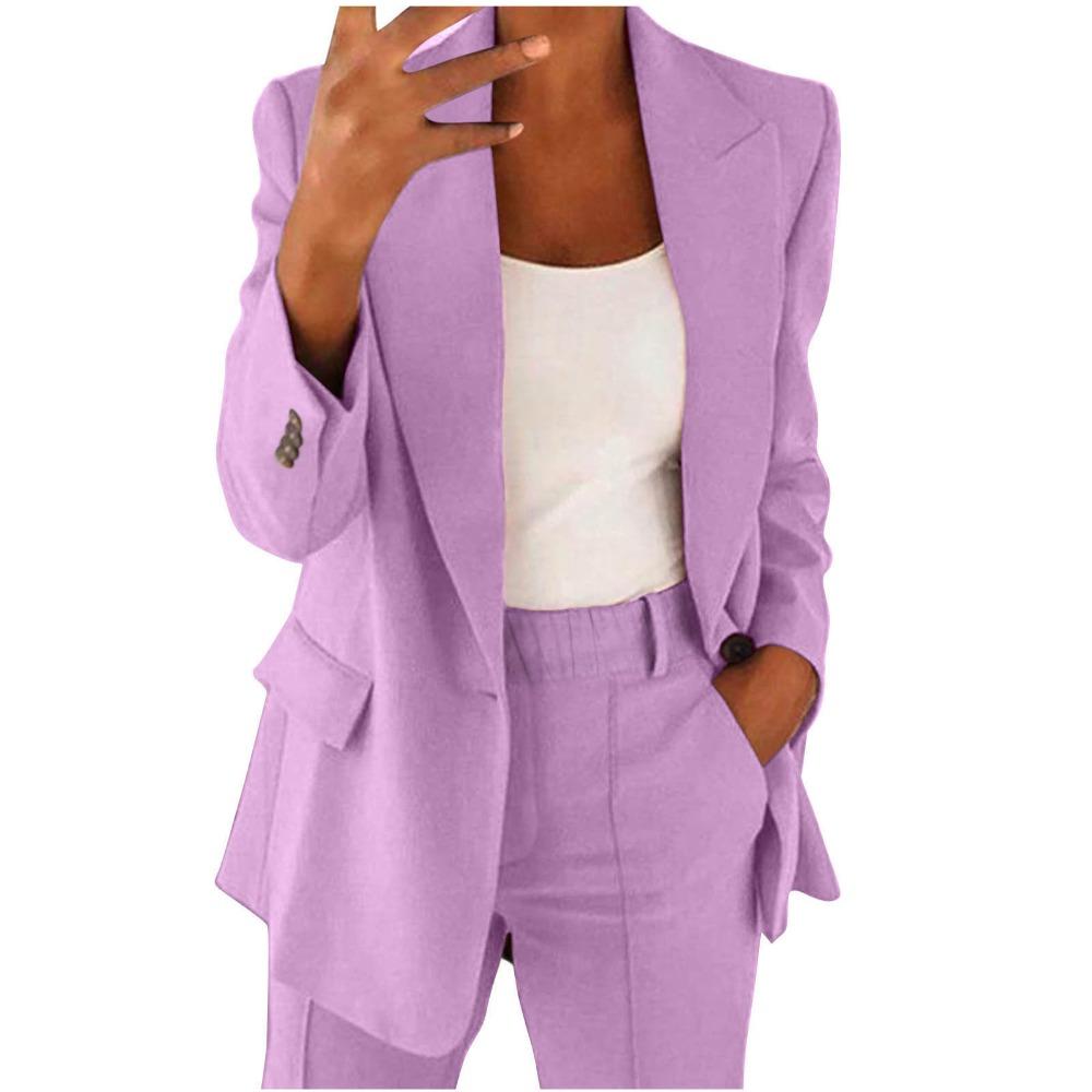 Damen Revers Langarm Blazer Hose 2-teiliges Outfit Elastische Taille Einfarbig Business Casual Anzug Set