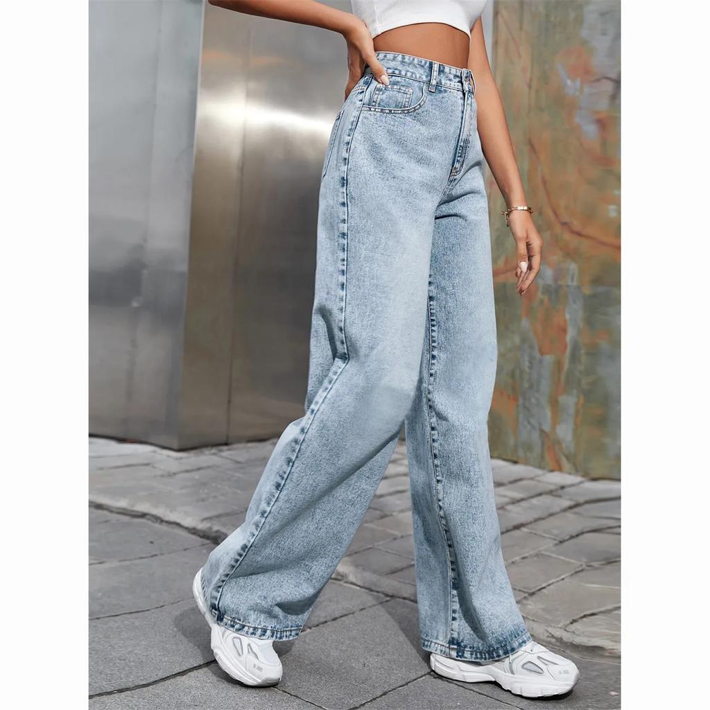 WTEMPO Damen Einfarbig Übergröße Lässig Vielseitig Denim Gerade Hose Locker Frühling Herbst Hohe Taille Distressed Lange Jeans