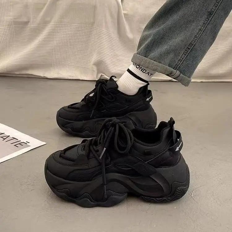 

Модные кроссовки на высокой платформе женские кожаные кроссовки папы женские черные массивные кроссовки обувь на толстой подошве 2025 модная обувь для увеличения роста 40