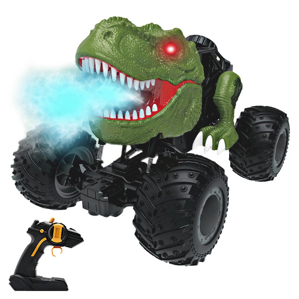 Remote Control Dinosaur Car Triceratops Green RC Stunt Car Toy with Spray and Light