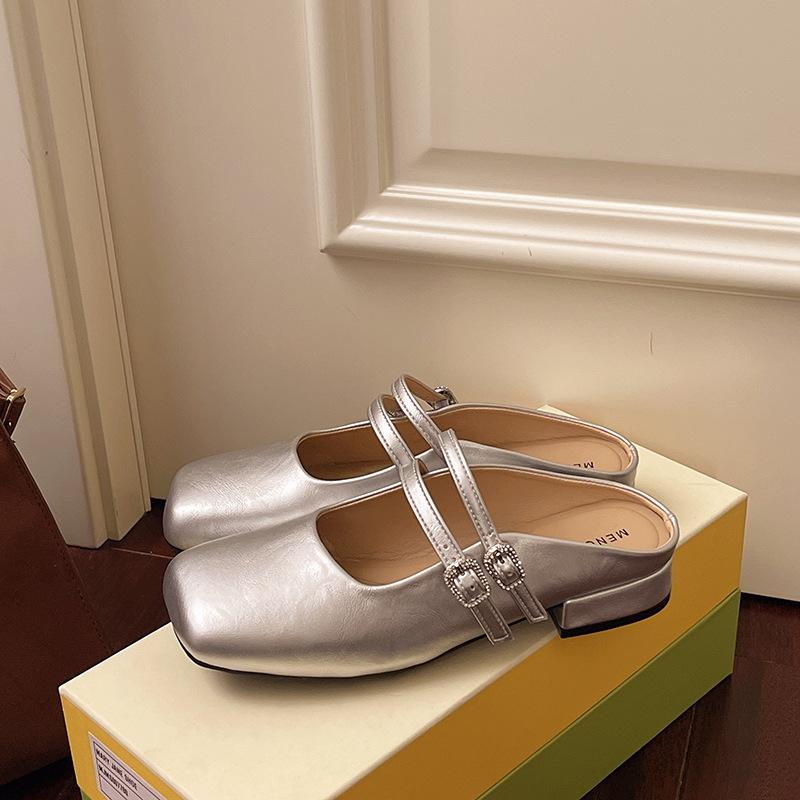 

Мэри Джейн одинарная обувь женская обувь новая весна и лето темперамент низкий каблук сумка голова полушлепанцы сандалии 40 серебряный