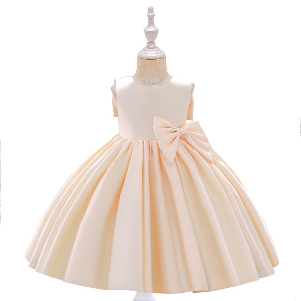 Kore Tarzı Kız Çocuk Saten Elbise Büyük Fiyonklu - Gösteriler ve Çocuk Bayramı için İdeal
