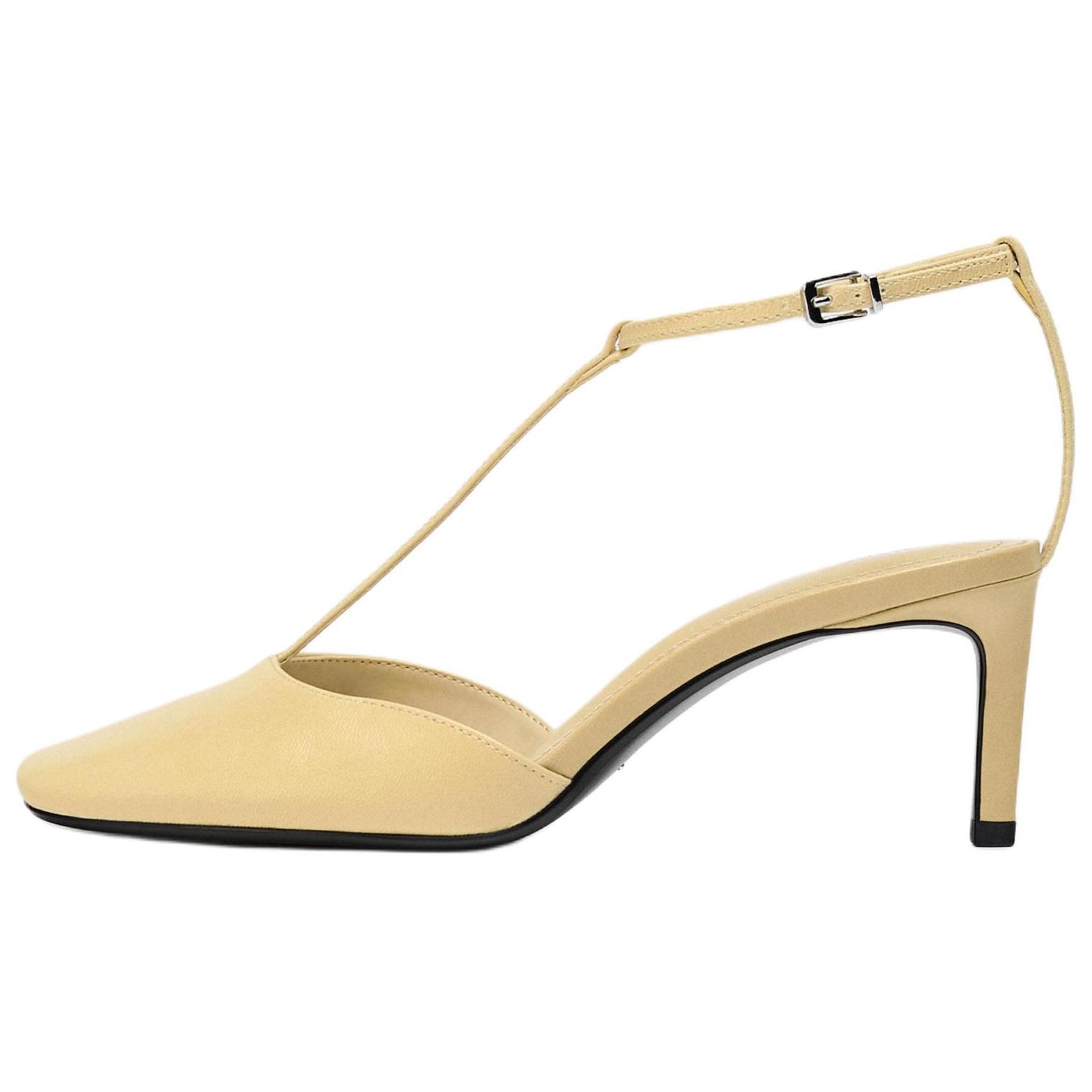 Zara Elegant Fashion Leather Strap Square Toe Open Back Stiletto Heels 7.3Cm Women Heels Vanilla-Yellow 11200510-38 37