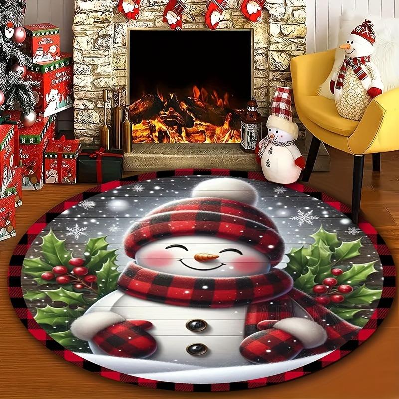 Christmas Nursery Rug Pink Snowman Playmat for Kids Room Santa Claus Toddler Round Carpet Gingerbread Man Non Slip Circle Rug