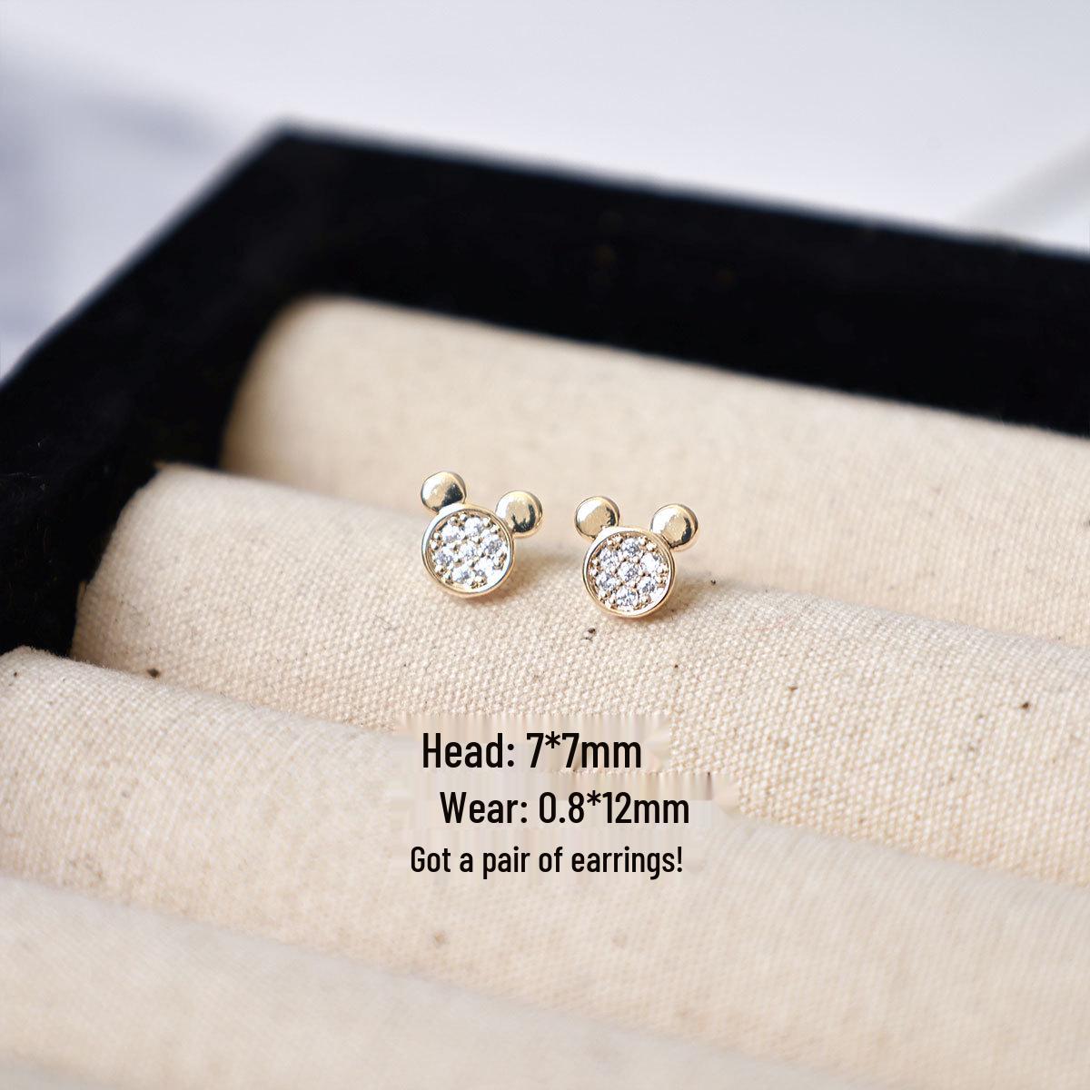 Copper-Plated Gold 925 Silver Earrings: Cartoon Mickey, Rabbit & Apple Studs with Full Diamonds for Women. 14k Gold Plated