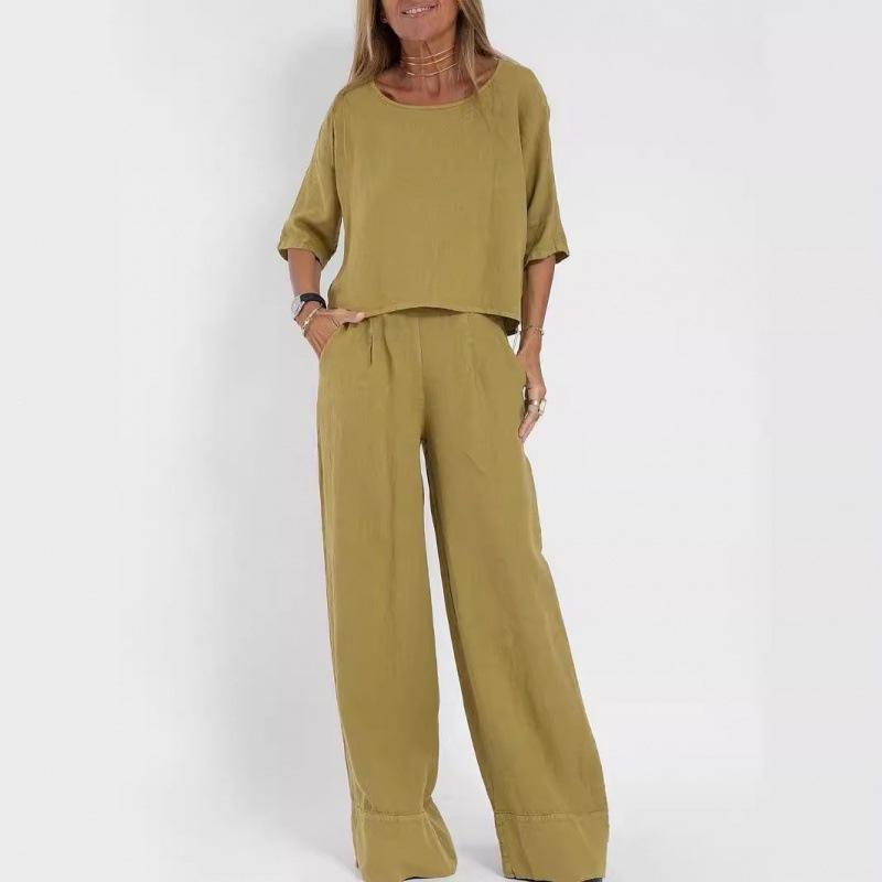 Lässige Mode Taschentaschenhose Strandanzug Frühling und Sommer Kurzarm Anzug für Damen Einfarbige Leinen Zweiteiler