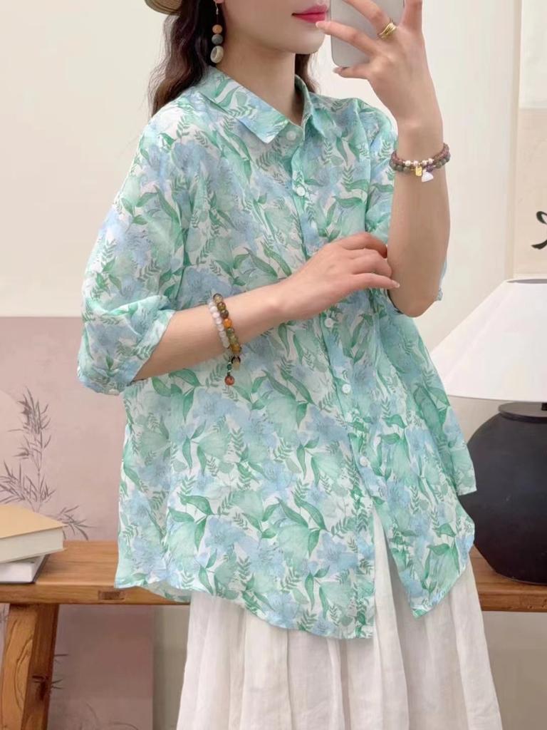Johnature Women Vintage Print Floral Shirts Tops Turn-down Collar Seven Sleeve Blouses Summer Chinese Style Shirts