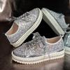 Spring and summer hand-sewn casual single shoes women's new diamond-encrusted platform fashion sequined muffin lace-up women's shoes