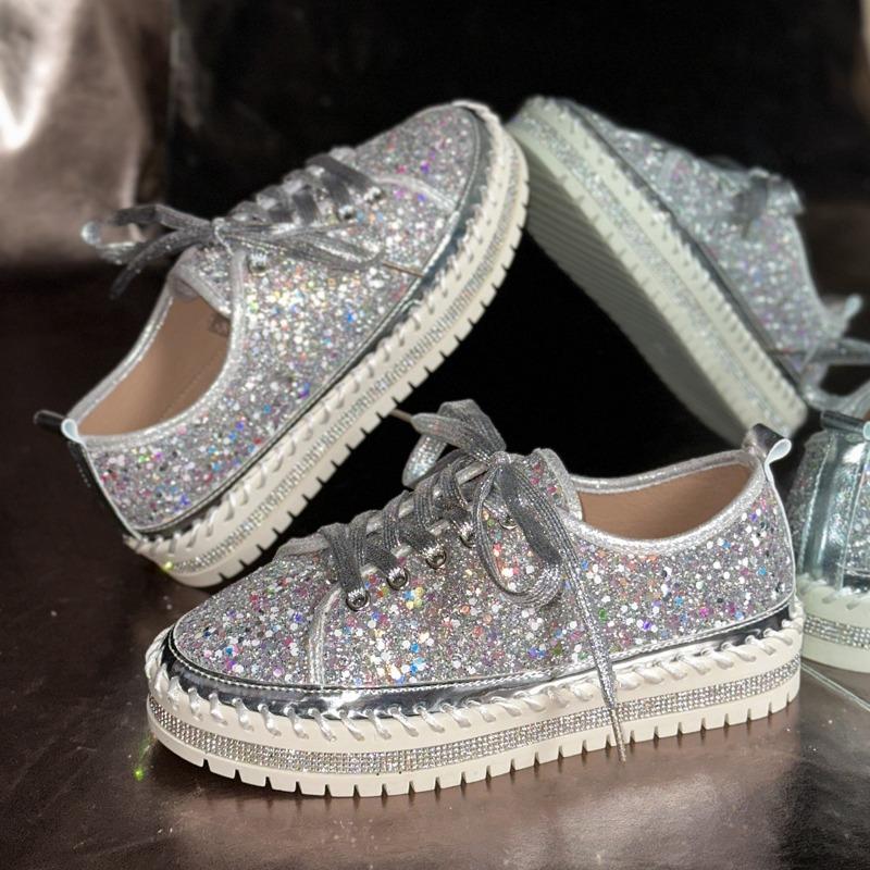 Spring and summer hand-sewn casual single shoes women's new diamond-encrusted platform fashion sequined muffin lace-up women's shoes