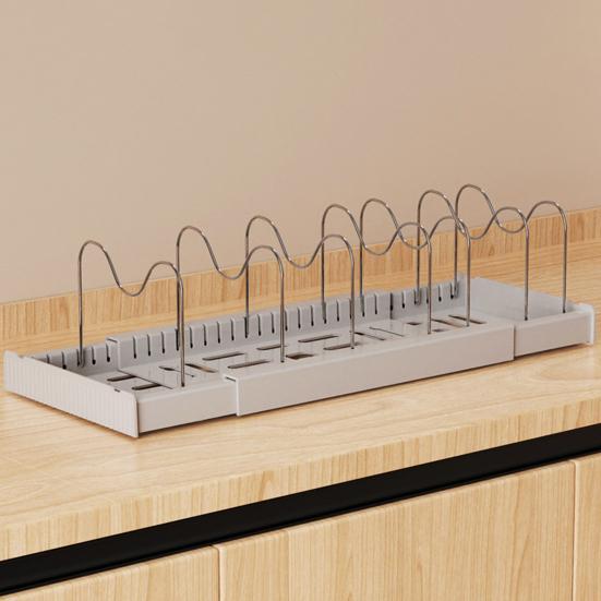 Stojak na garnki ze stali nierdzewnej z przegródkami, Regulowany organizer na pokrywki z rozszerzaną wentylowaną podstawą, Odporny na rdzę stojak do przechowywania w szafce kuchennej, Naczynie kuchenne