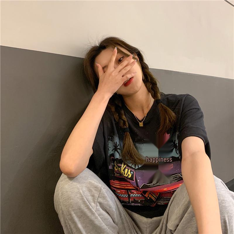 T-Shirt im koreanischen Stil mit Retro-Print, lockere Passform, kurze Ärmel für Damen - Übergröße, Frühjahr 2023