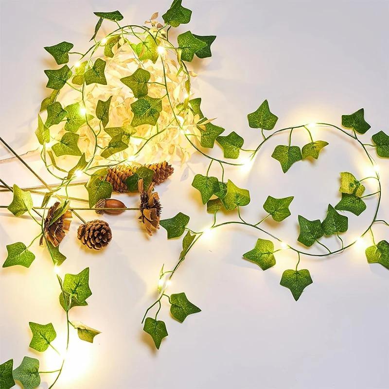 2/10M Silk Leaves Fake Creeper Green Leaf Ivy LED String Lights Home Decor Hanging Garland Artificial Plants Wedding Decoration