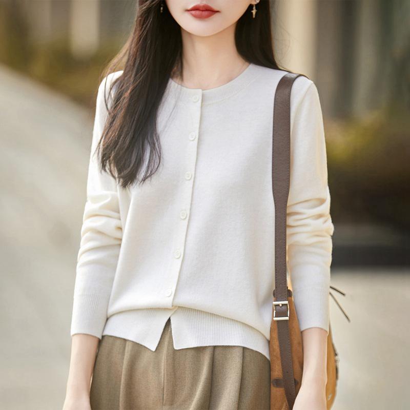 36-Count Fine Spun 100% Wool Machine Washable Round Neck Cardigan - Simple Style, Solid Color, Lightweight Knit for Spring